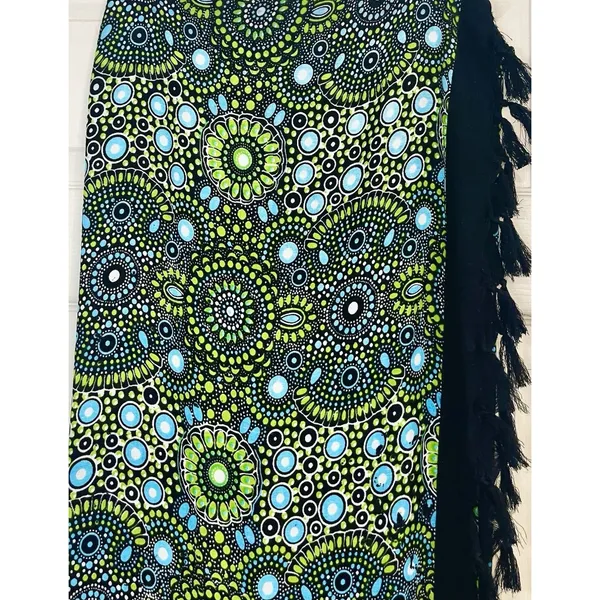 Wayan Natural Wear Sarong Cover Up Lime Green Blue Mandala Fringe Scarf Festival - Image 6