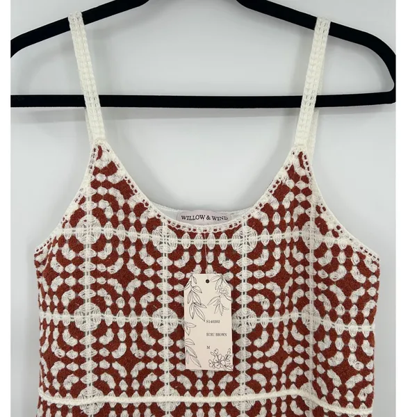 Willow &‎ Wind Medium Crochet Patchwork Mini Dress Ecru Brown Sleeveless Lined - Image 3