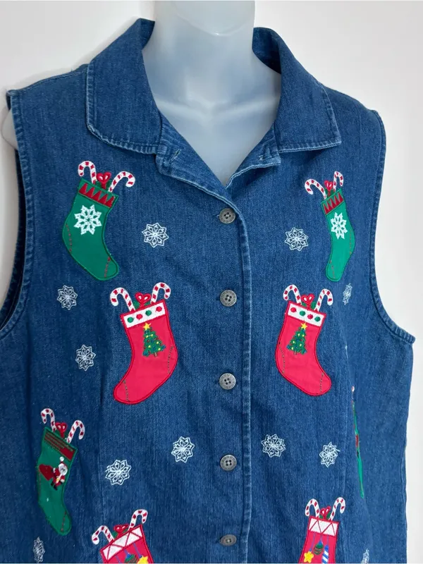 Westbound vintage Denim Holiday Vest Blue Red Green Stockings 90s large - Image 2