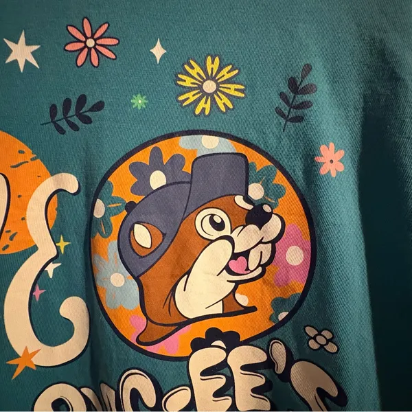Buc-ee's Long Sleeve Tee‎ Women’s Sz Large Teal Love Flowers Rainbow Travel - Image 7