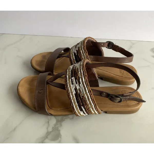 UGG Verona Serape Beaded Flat Leather Sandals Brown Tan Sz 6.5 Boho Flaw - Image 2