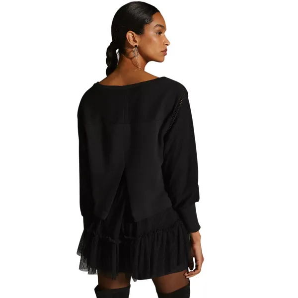 ANTHROPOLOGIE Women’s Boho Black Tulled Pullover Split Back Sweatshirt - Image 2