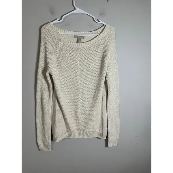 Banana Republic Shimmer Chevron Knit Sweater Ivory Metallic Boat Neck Womens M‎ - Image 2