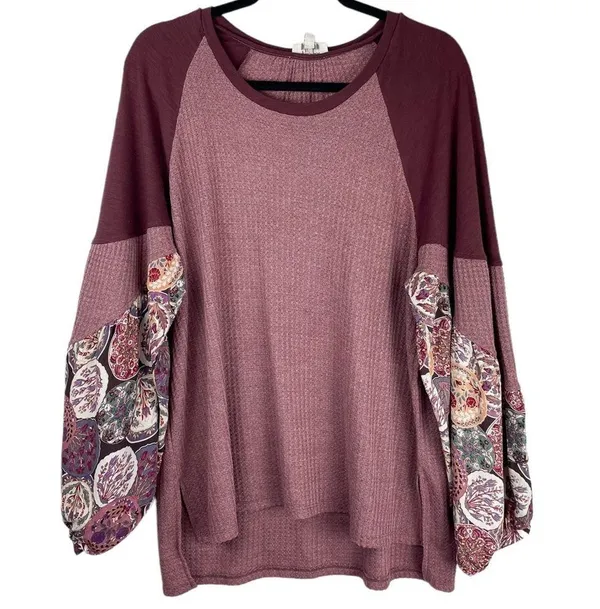 Umgee Waffle Knit Balloon Sleeve Sweater Top Sz Large Boho Patchwork - Image 4