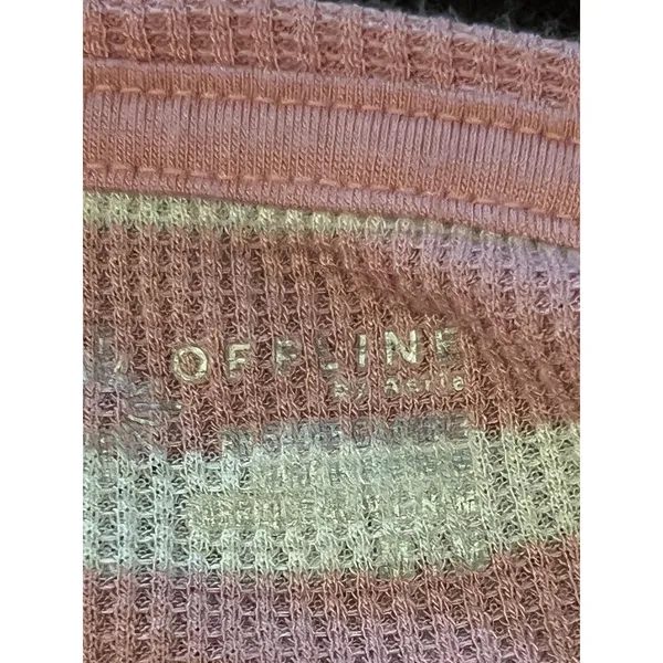 OFFLINE By Aerie Shirt Womens Medium Pink Stripe Henley Cropped Long Sleeve - Image 8