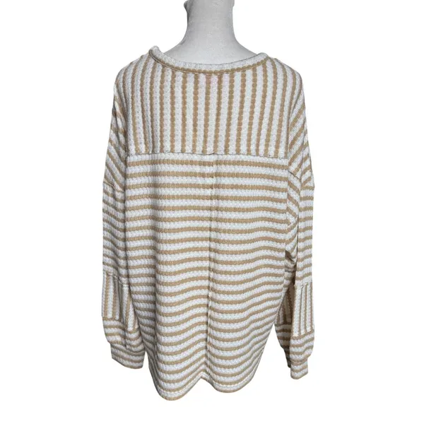 Pink Lily Tan White Striped Oversized Sweater Medium Boxy Coastal Grandmother - Image 6