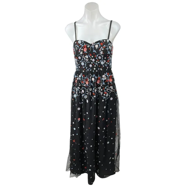 Modcloth Black Floral Tulle Embroidered Sleeveless A Line Midi Dress Size S - Image 2