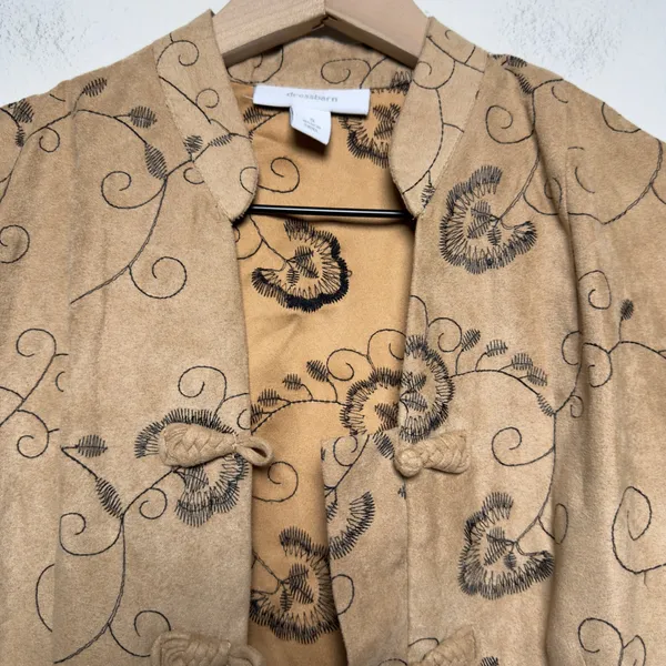 VTG Y2K Women Western Jacket S Tan Faux Suede Embroidered Frog Closure Floral - Image 3