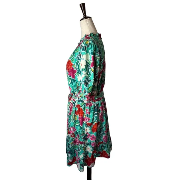 THML Dress Women XL Green Floral Puff Sleeve Ruffle Neck Tiered Mini Bohemian‎ - Image 4