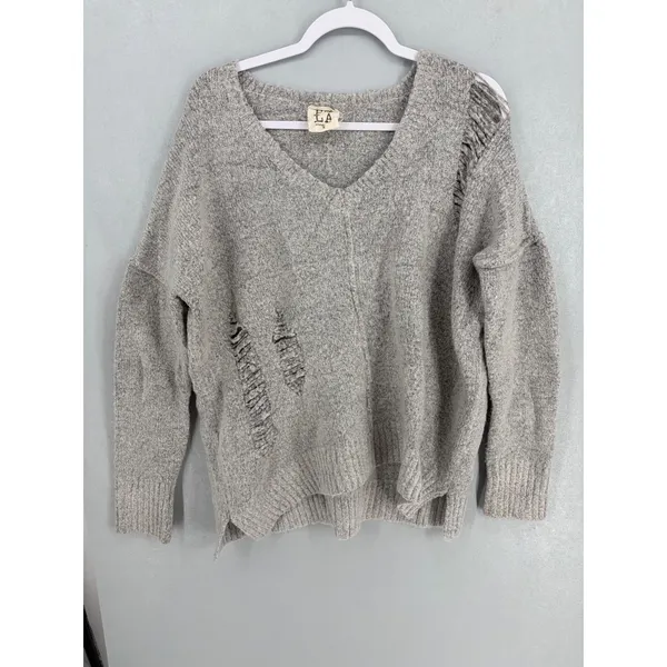 PPLA Womens Sweater Gray Distressed Shredded V-Neck Knit Medium - Image 2