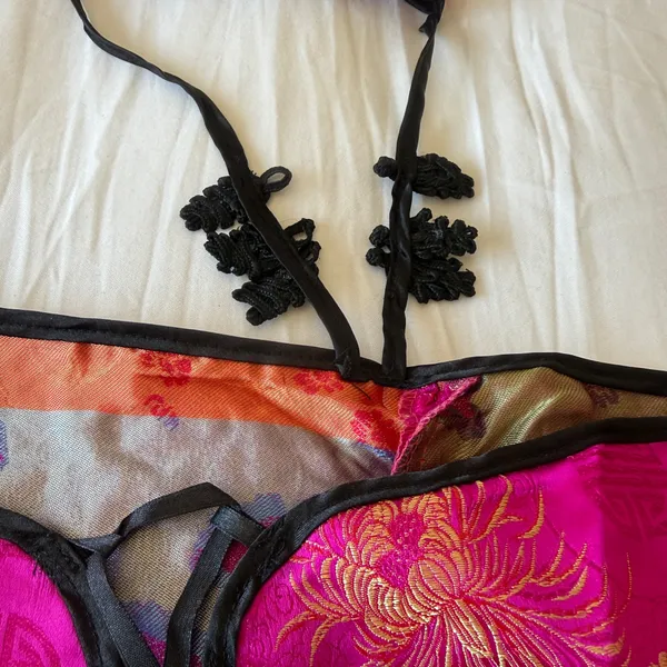 Hot Pink Satin Brocade Halter Top ✧ Chinese Cheongsam Style Lingerie Set ✧ Open Back Lace-Up ✧ Large ✧ Y2K Festival Top + Thong - Image 5