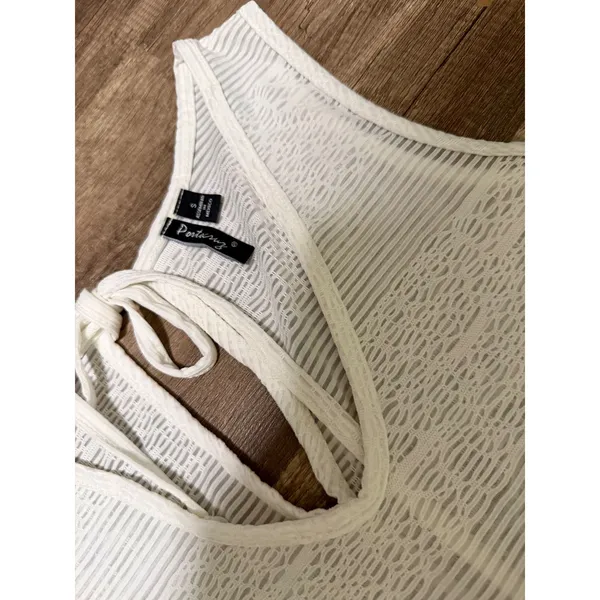 Portocruz White Lace Stripe V-Neck Swim Cover Up Dress Keyhole Back Small‎ - Image 5