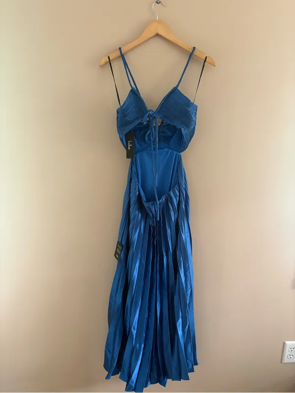 Lulus Aerin Blue Satin Pleated Cutout Midi Dress Size Medium Sleeveless Cocktail - Image 6