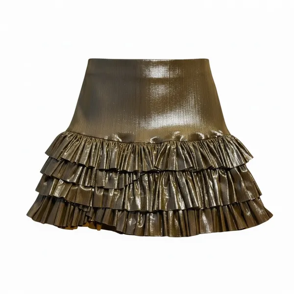 FP One Free People Metallic Gold Tiered Ruffle Mini Skirt - Image 2
