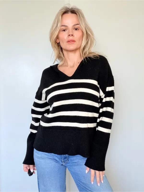 Zara Black & White Striped V-Neck Sweater - Image 4