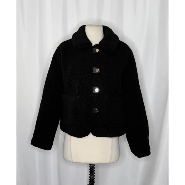 ZARA Black Sherpa Fuzzy Fleece Teddy‎ Coat Faux Shearling Snaps Pockets Small - Image 2
