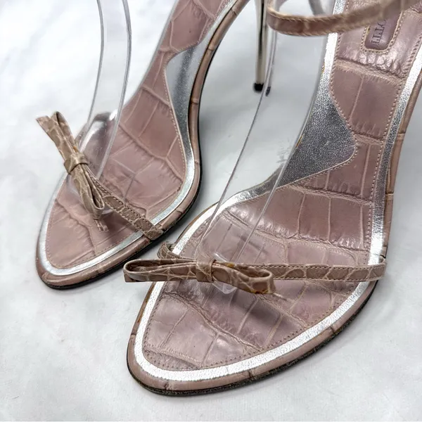 Cesare Paciotti Vintage Y2K Dagger Bow Croc Open Toe Stiletto Sandal Heels 40 - Image 7