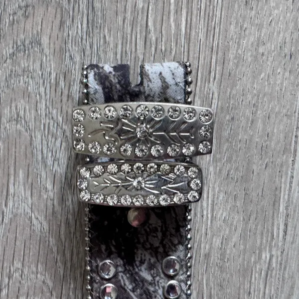 Blazin‎ Roxx Womens Western Snakeskin Rhinestone Studded Leather Belt Grey M - Image 3