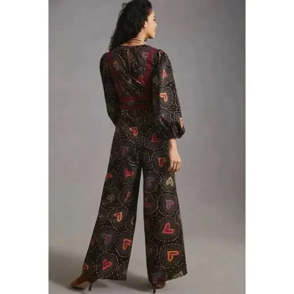 Anthropologie x Farm Rio Jumpsuit M NWT Deep-V Hearts Print Wide-Leg - Image 9