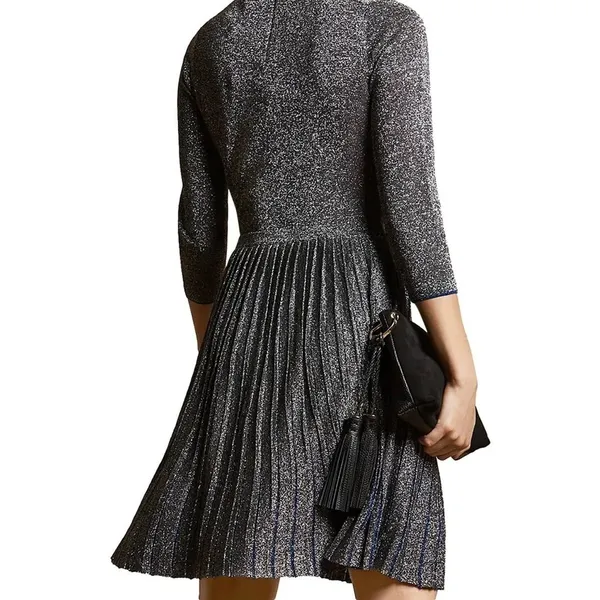 Ted Baker London Gunmetal Noaleen Metallic Stretch Mini Pleated Dress Size 0 - Image 4