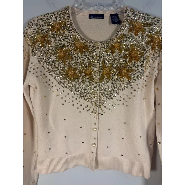 Moda International Cardigan Womens M Beige Silk Sequin Beaded Star - Image 7