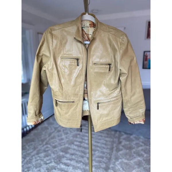 Ruff‎ Hewn Camel Leather Jacket Moto World Map-Lined Traveler Parisian Scandi - Image 9