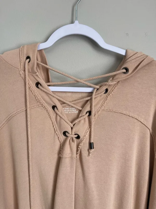 AERIE | Blush Pink Lightweight Oversized Lace-Up Pullover Hoodie Sz L - Image 3