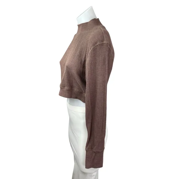 Mono B Brown Long Sleeve Mock Neck Waffle Knit Thermal Cropped Sweatshirt Top L - Image 2