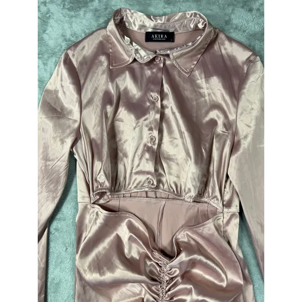 Akira Blush Pink Satin Ruched Midi Dress Large Cutout Button Front - Image 5