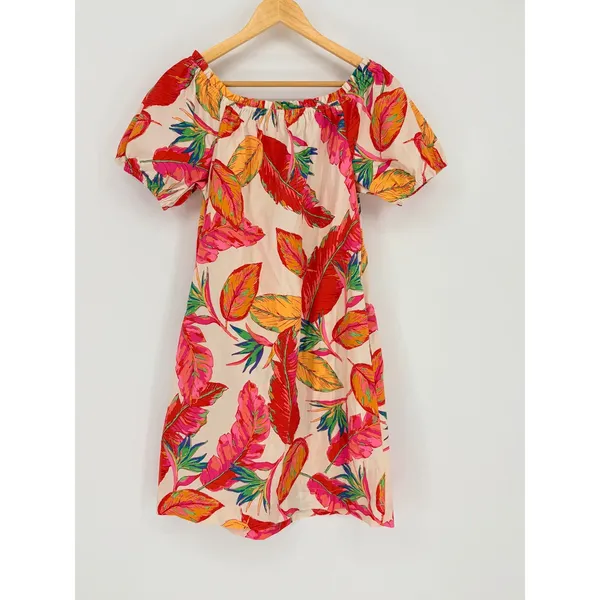 Nine West Tropical Leaf Off Shoulder Dress Small Puff Sleeve‎ Vacation Pockets - Image 10