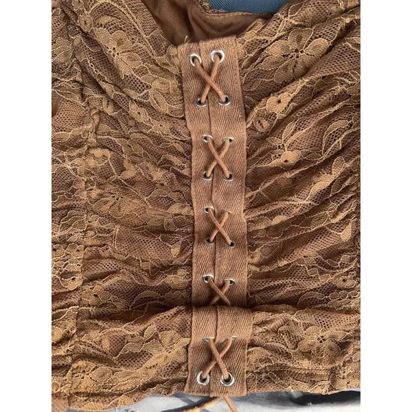 Meraki Brown Boho Lace Up Puff Sleeve Crop Peasant Top Sz L Festival Cottagecore - Image 5
