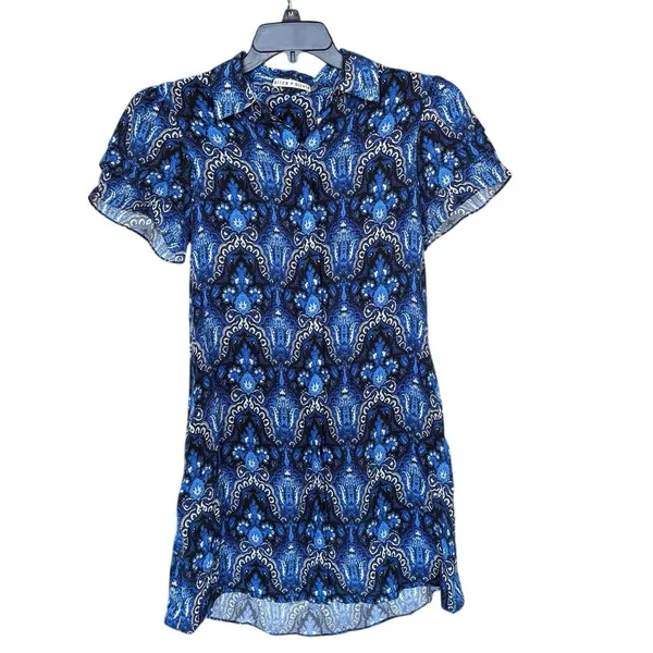 Alice + Olivia Blue White Jem Puff Sleeve Shirt Mini Dress Size Small - Image 2