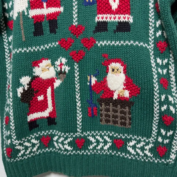 VTG 80s Women Sweater Large Green Santa Claus Holiday Christmas Knit Retro Heart - Image 2