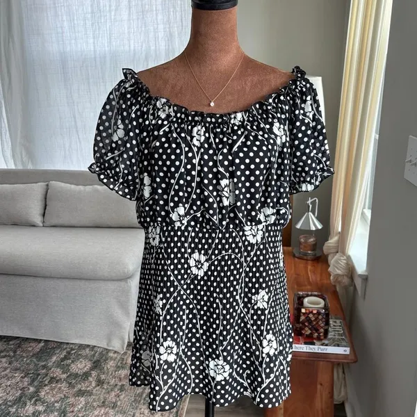 Serenade Polka Dot Floral Babydoll Top Pleated Blouse Sheer Boho Fairy Large - Image 2