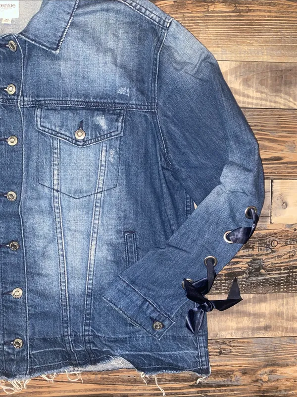 Denim Jacket with Ribbon Lace-Up Sleeves - Blue - Image 5