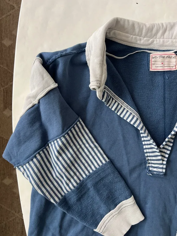 Free People x We The Free Clean Prep Polo Pullover Sweater Top Blue White Medium - Image 4