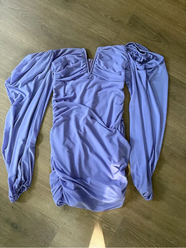 Lilac V-Neck Puff-Sleeve Ruched Mini Dress - Image 4