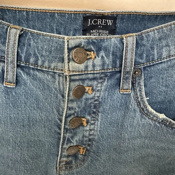 J Crew Jeans Mid Rise Flare Crop Womens 27 Button Fly Blue Retro Denim Preppy - Image 4