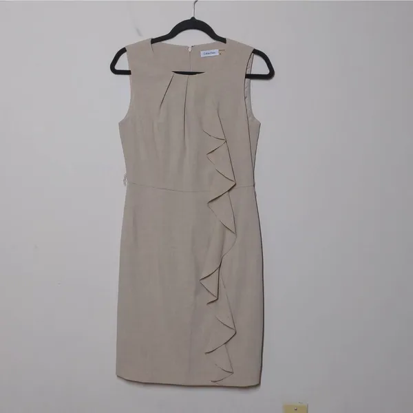 Calvin Klein Sheath Dress Beige Tan Stretch Jewel Neck Sleeveless Ruffle 6 - Image 11