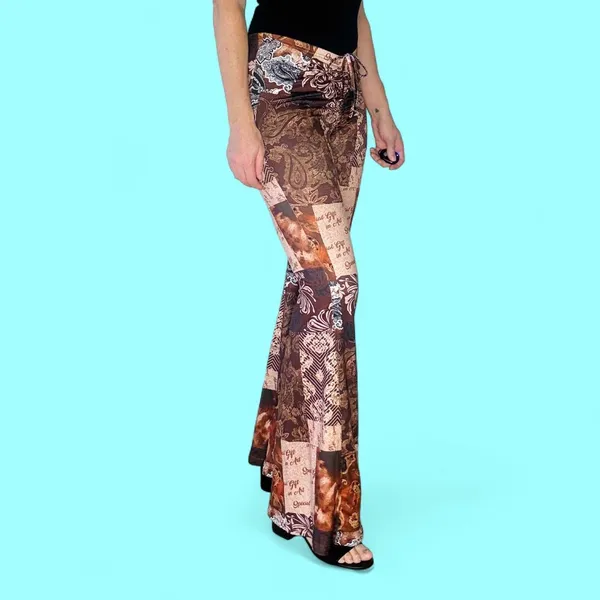 SHEIN Brown Tan Patchwork Hippie Flare Festival Pants - Image 4