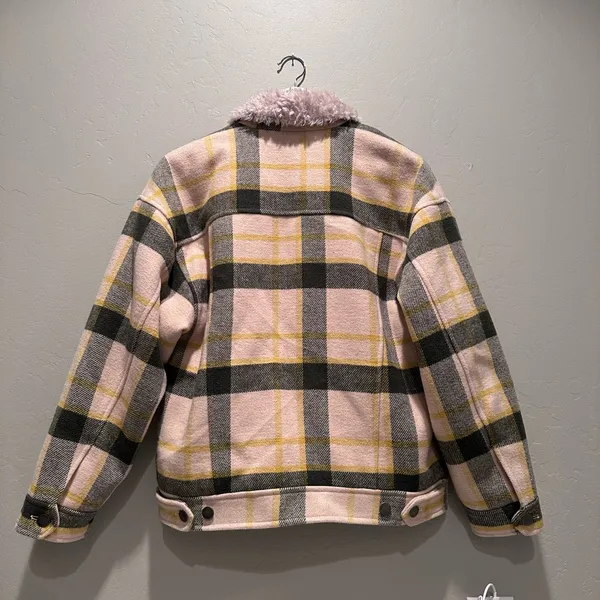 Urban Outfitters Green Yellow Cream Plaid Sherpa Collar Trucker Jacket‎ Sz Small - Image 3