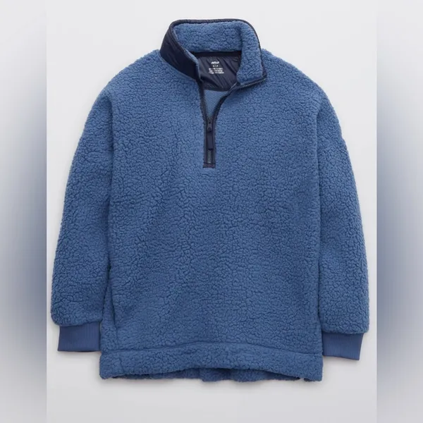 NWT Aerie Dream Sherpa Quarter Zip Pullover Marbled Blue XL Oversized Cozy - Image 3