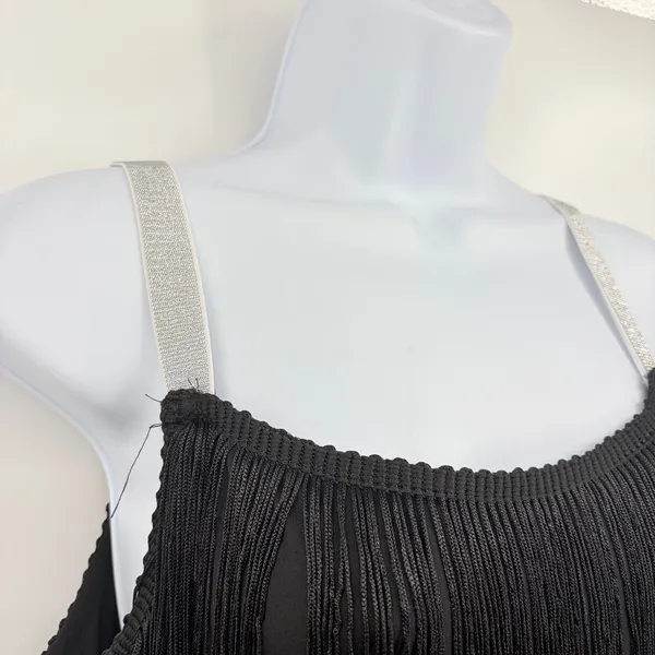 Black Flapper Fringe Dress Sz S Silver straps Party Gatsby Roaring 20s Tiered - Image 4