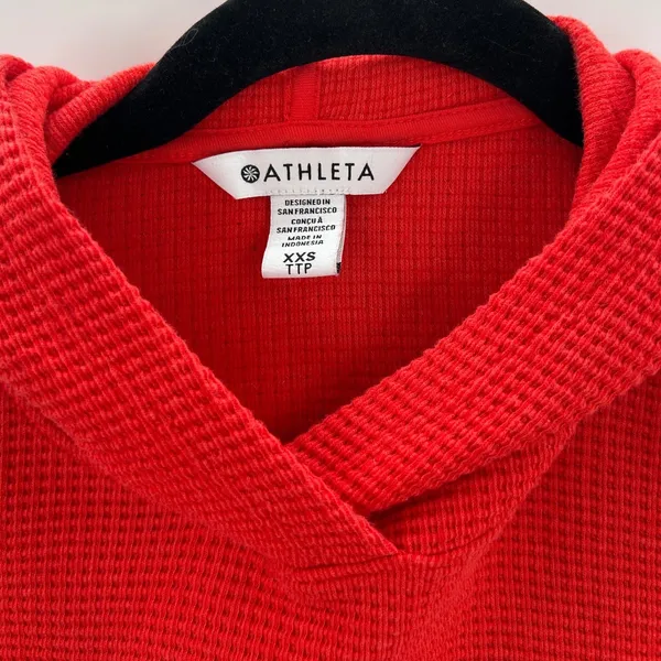 Athleta Womens Red Waffle Knit‎ Oversied Baggy Cropped Hoodie Sweatshirt XXS - Image 4