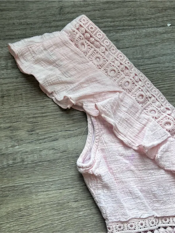 Pale Pink Eyelet Ruffle Coquette Mini Dress Femenine Cottagecore Gatherings Sz L - Image 5