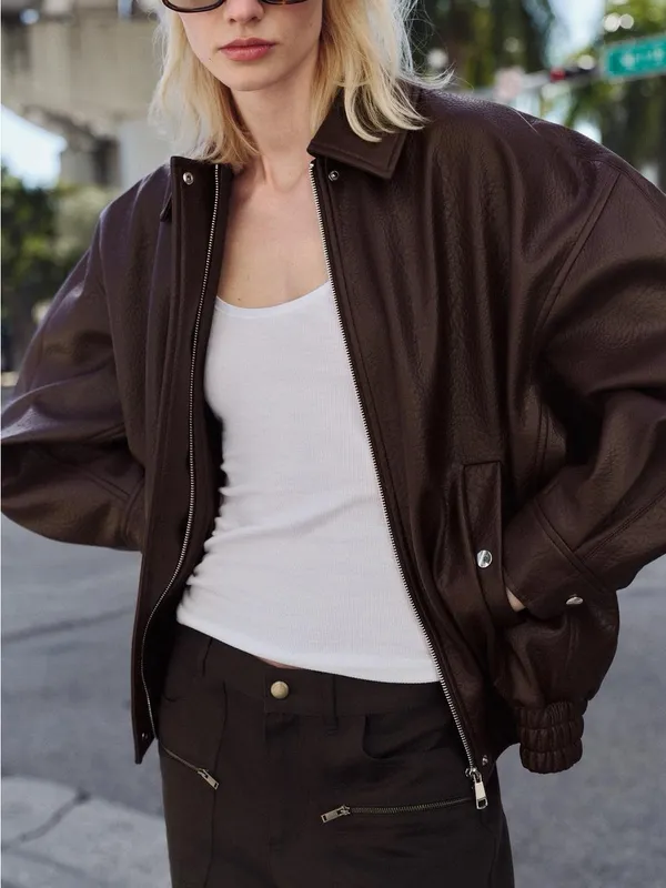 Zara Dark Brown Oversized Faux-Leather Bomber Jacket - Image 5