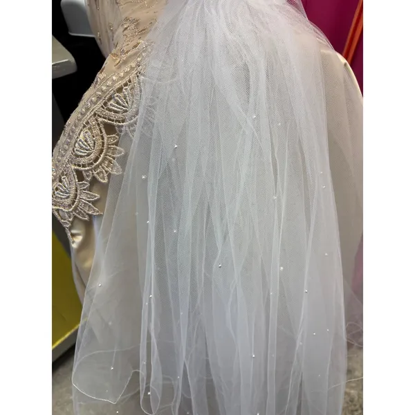White Floral Bridal Crown Headband w/ Tiered Pearl Tulle Veil Wedding Accessory - Image 8