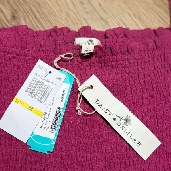 Daisy & Delilah Florence Smocked Crop Top Magenta Pink Linen Blend Puff Sleeve M - Image 3