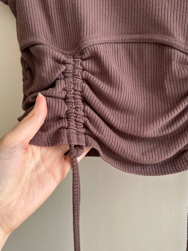 Garage Ribbed Cropped Tie Front Top, Casual Going Out Top, Brown, Size Medium - Image 7