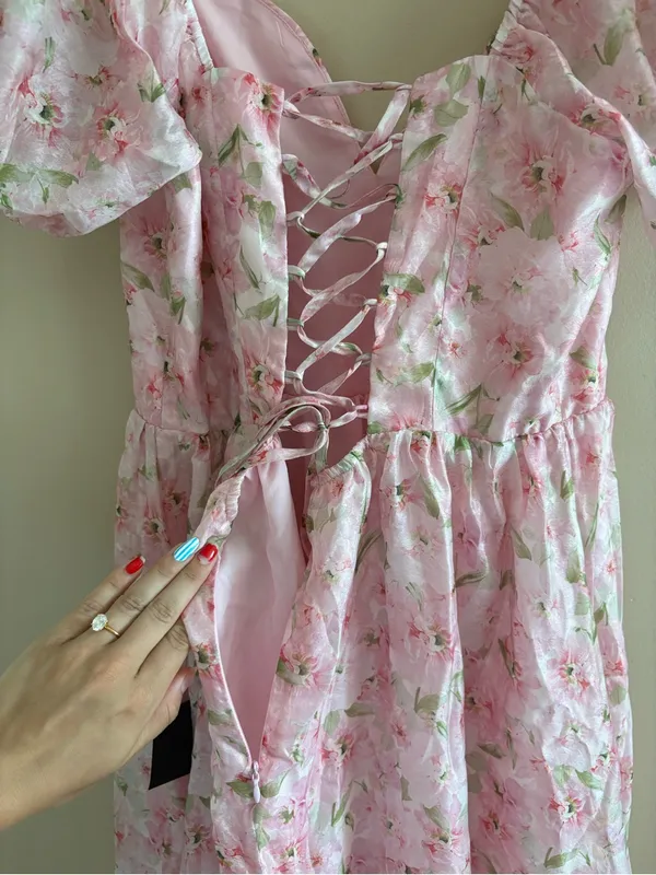 Lulus Sincerely Wondrous Pink Floral Puff Sleeve Tiered Midi Dress Size XL NWT - Image 10